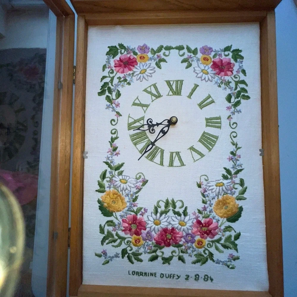 Hand Made Cross Stitch Clock In Wood Shadow Glass Box Plug-In 10.5